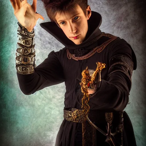 Prompt: portrait of a male warlock with dagger on it's hand, fantasy, D&D, HDR, natural lighting , award winning photograph, 8k, Mucha style,