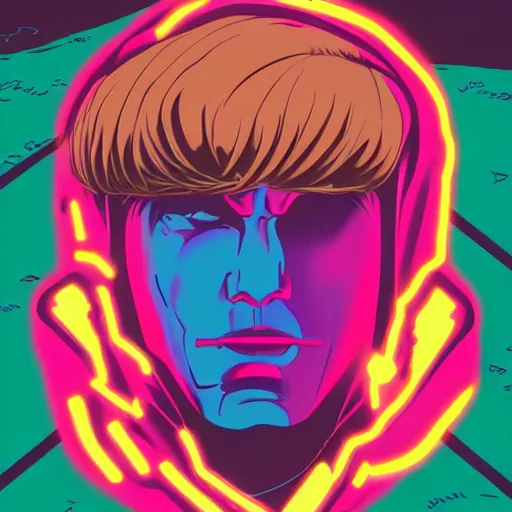 Image similar to he - man in hoodie, portrait, vaporwave, synthwave, neon, vector graphics, cinematic, volumetric lighting, f 8 aperture, cinematic eastman 5 3 8 4 film