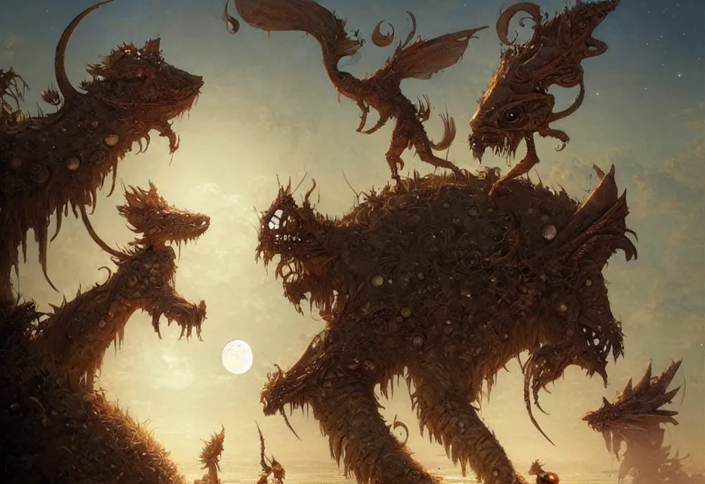 Prompt: cute fantasy critters at the beach looking at the moon, ultra realistic, concept art, intricate details, highly detailed by greg rutkowski, gaston bussiere, craig mullins, simon bisley