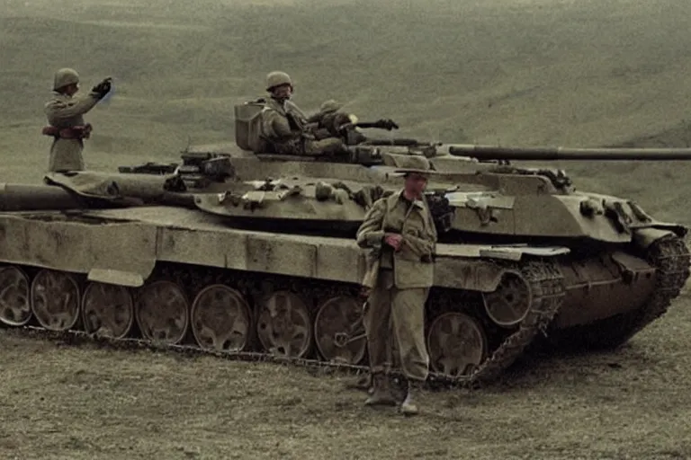 Prompt: soldiers relaxing on a tank, cinematography by Roger Deakins