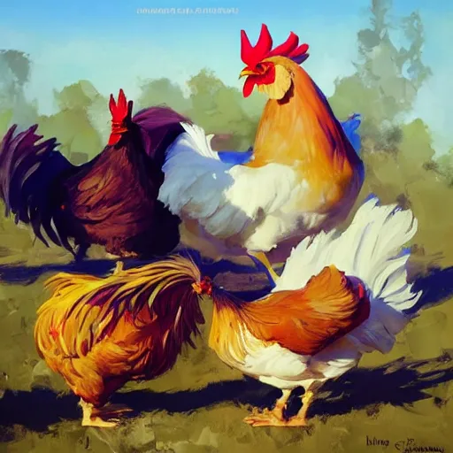 Prompt: the king of the chickens, artwork by greg manchess, medium shot, asymmetrical, organic painting, sunny day, matte painting, bold shapes, hard edges, street art, trending on artstation, by huang guangjian and gil elvgren and sachin teng