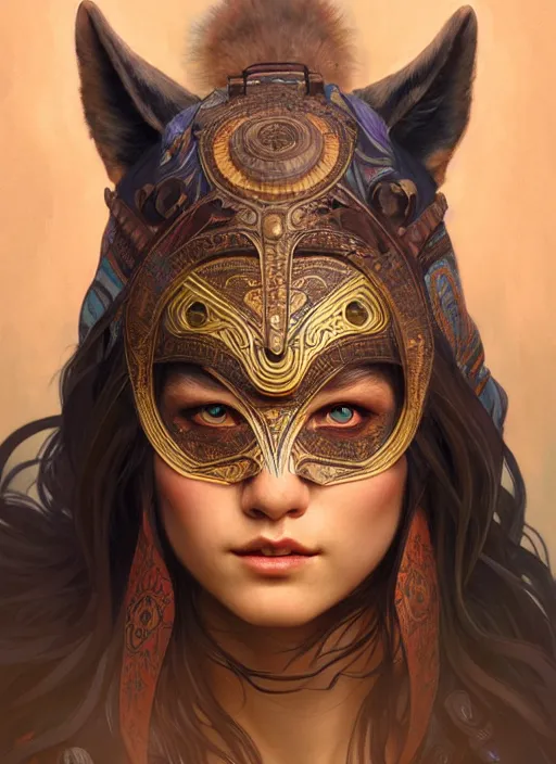 Image similar to portrait of shaman beautiful girl, intrigante, wolf mask, headshot, highly detailed, digital painting, artstation, concept art, sharp focus, cinematic lighting, illustration, art by artgerm and greg rutkowski, alphonse mucha, cgsociety