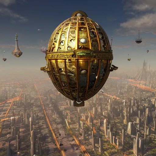 Prompt: enormous flying city in a faberge egg, sky, steampunk, fantasy art, unreal engine, aerial view