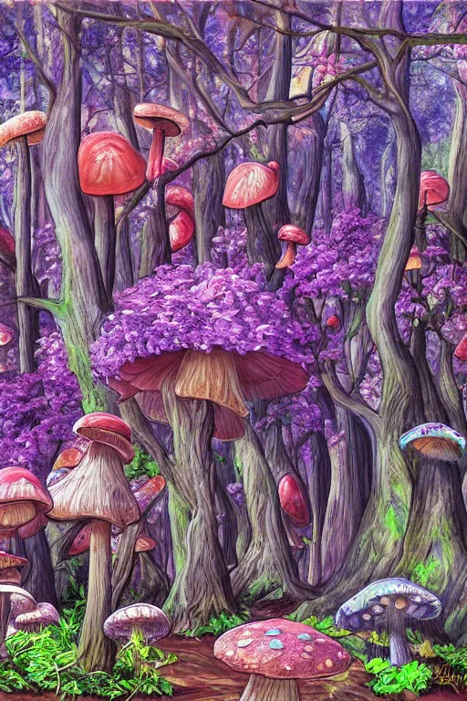 Prompt: digital painting detailed forest tree magical forest flowers mushrooms painted by Mario Cooper