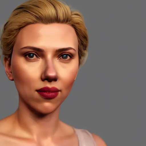 Image similar to 3d Render of a scarlett johansson full round face, short smile, cute sundress, golden hour, serene beach setting, medium shot, mid-shot, highly detailed, trending on Artstation, Unreal Engine 4k