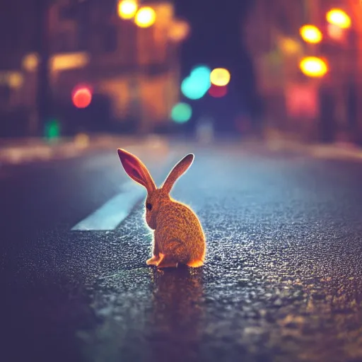 Prompt: lone rabbit in the middle of a street during a rainy night, lights, focused photo, low field of view, album cover