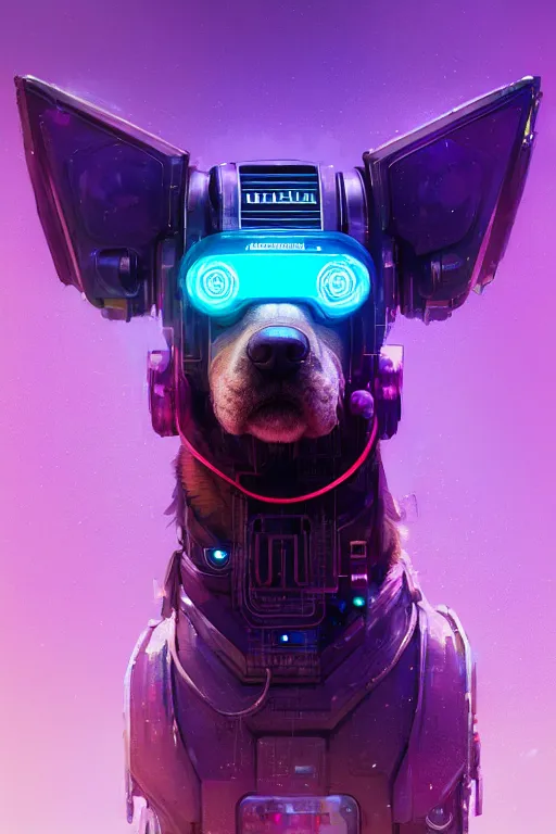 Image similar to a beautiful portrait of a cute cyberpunk dog by greg rutkowski and wlop, purple blue color scheme, high key lighting, volumetric light, digital art, highly detailed, fine detail, intricate, ornate, complex, octane render, unreal engine, photorealistic