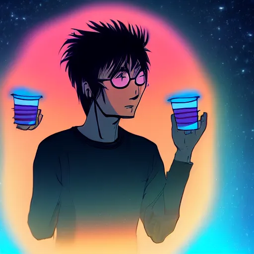 Image similar to A man drinking a cup of cosmic energy bright light by Masafumi Harada, 4k, digital art, surreal, anime style, Park Sung-woo Red Ice style