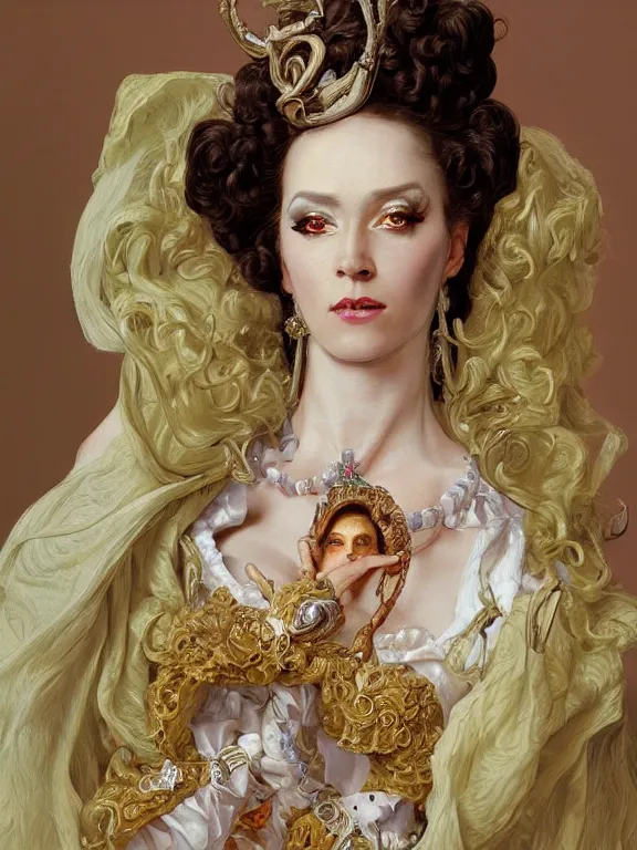 Image similar to a beautiful render of catholic rococo veiled drag queen with intricate detailed,by J.C.Leyendecker and carl larsson and M.W.kaluta and NekroXIII and Billelis,Trending on artstation,ZBrush,maximalist,glittering,gold,silver,ivory,jewelry,hyperreal