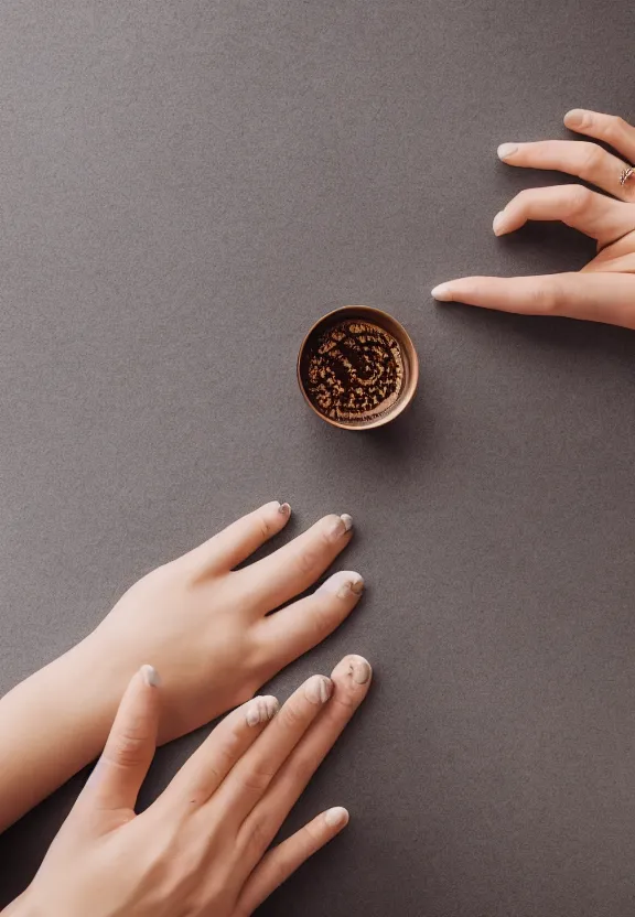 Image similar to photorealistic woman's hand with palm up lies on the table, palm pattern visible, pov photo, instagram photo, studio photo, 9 0 mm, f / 1. 4
