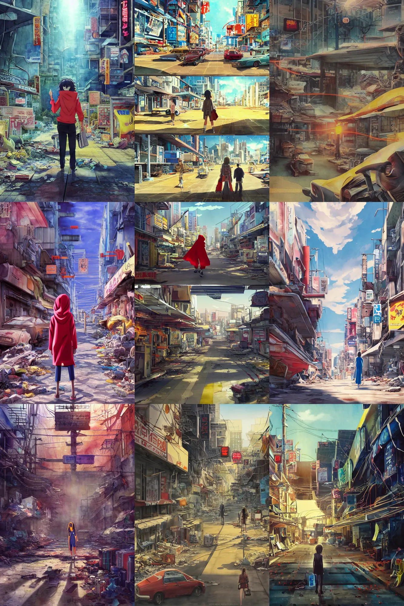 Prompt: incredible anime movie scene, vanishing point, red hoody woman explorer, watercolor, underwater market, empty road, coral reef, billboards, harsh bloom lighting, rim light, abandoned city, paper texture, movie scene, caustics shadows, deserted shinjuku junk town, old pawn shop, bright sun ground, wires, telephone pole, pipes, yellow