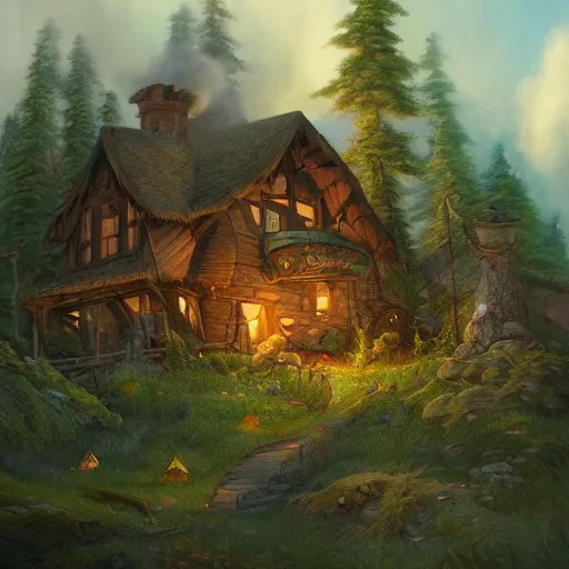 Image similar to a detailed illustration idyllic the house with smoke coming out of the chimney in the forest scene by Justin Gerard, trending on artstation, cgsociety, deviantart