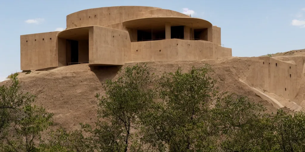 Prompt: rammed earth palace atop a jungle hill