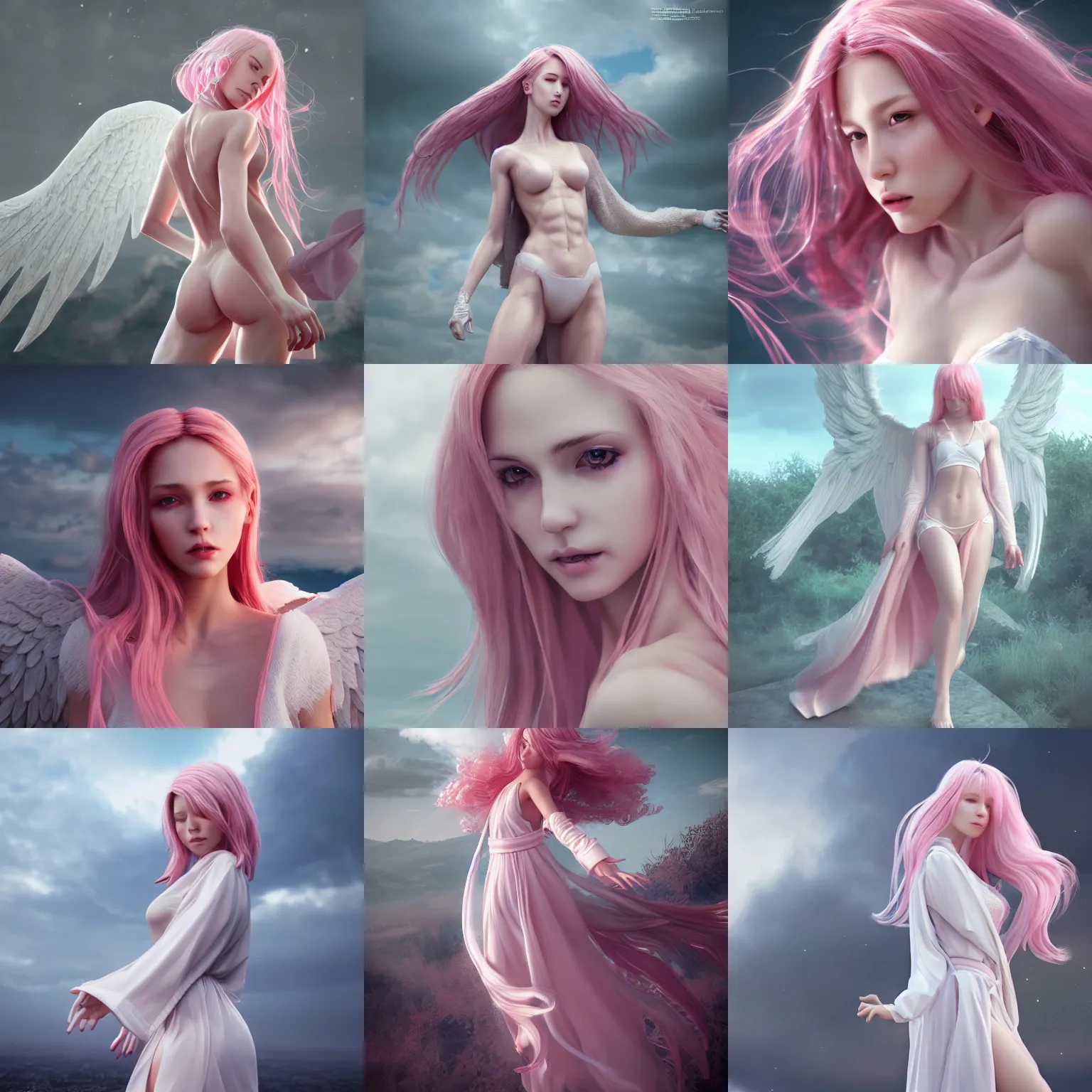 Prompt: beautiful female angel in cloudy sky, pink hair, white transparent robe, detailed anatomy, by wlop, cg society contest winner, cinematic paint, unreal engine