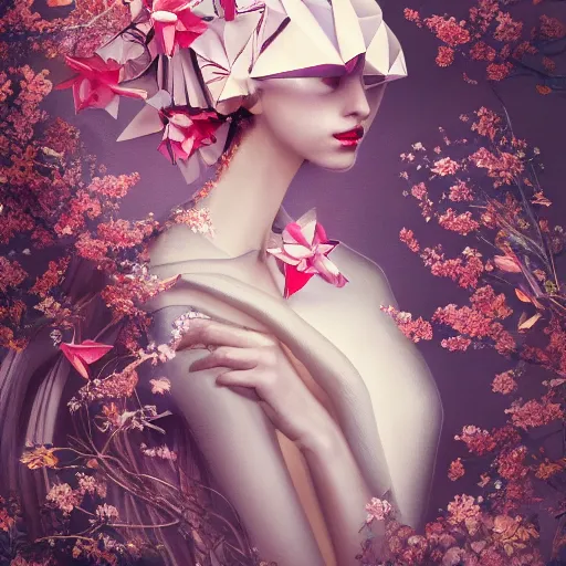 Image similar to long shot of a beautiful girl wearing an origami dress, eye - level medium shot, fine floral ornaments in cloth and hair, hummingbirds, elegant, by eiko ishioka, givenchy, by peter mohrbacher, centered, fresh colors, origami, fashion, detailed illustration, vogue, japanese, reallusion character creator