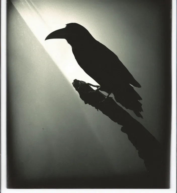 Image similar to wide angle, dark old polaroid of a ethereal raven bird, being illuminated by few sun rays, black and white