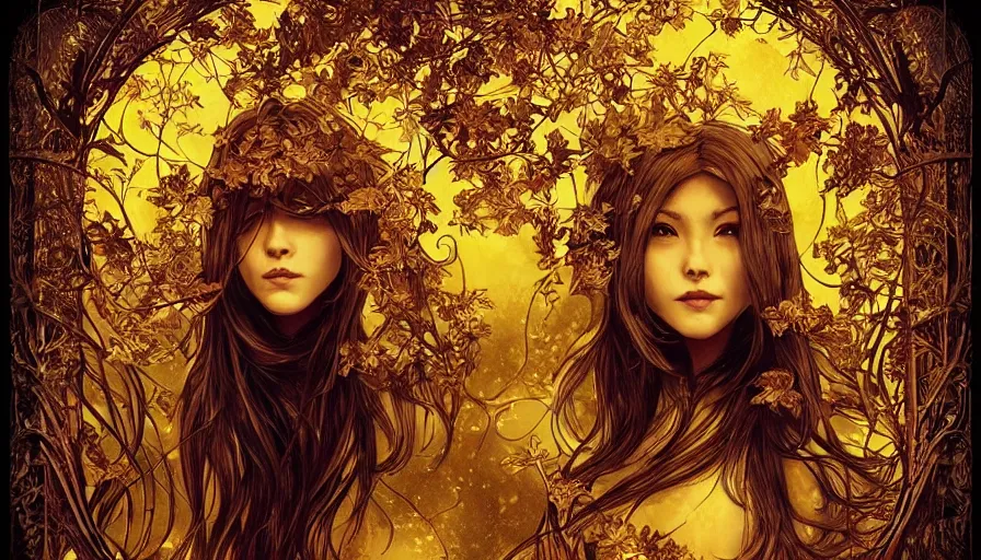 Prompt: golden leaves at frame border, magical lighting, creative!!! composition for a book cover!!!, absurdly beautiful, ultrafine hyperrealistic detailed old!! witch face by wlop and artgerm and alphonse mucha, intricate linework, sharp focus, smooth, octopath traveler, final fantasy, unreal engine, dramatic lighting, ethereal, 8 k