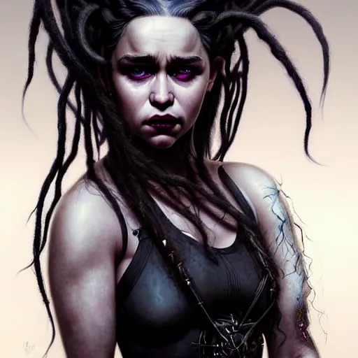 Prompt: portrait of emilia clarke cybergoth dreadlocks, dark, piercing eyes, exotic expression, esoteric clothing, photorealistic, highly detailed, mysterious lighting, artstation, smooth, sharp focus, art by michael whelan, artgerm, greg rutkowski and luis royo