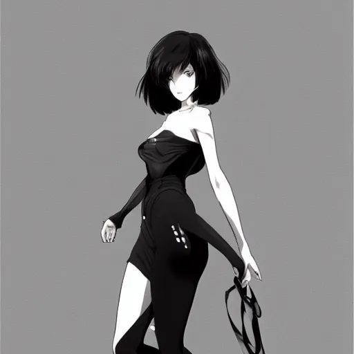 Image similar to slim beautiful killer girl in tuxedo with short black hair, elegant, 2d, ultra highly detailed, digital painting, smooth, sharp focus, artstation, black and white art by Tsutomu Nihei