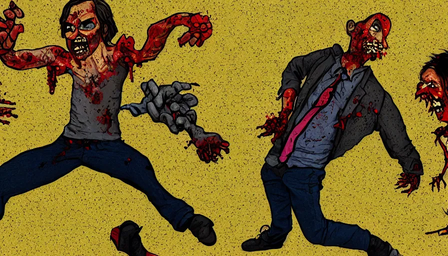 Image similar to a man clothed in carpeting fighting a zombie, digital art, highly detailed, realistic, bright colors, 8 k