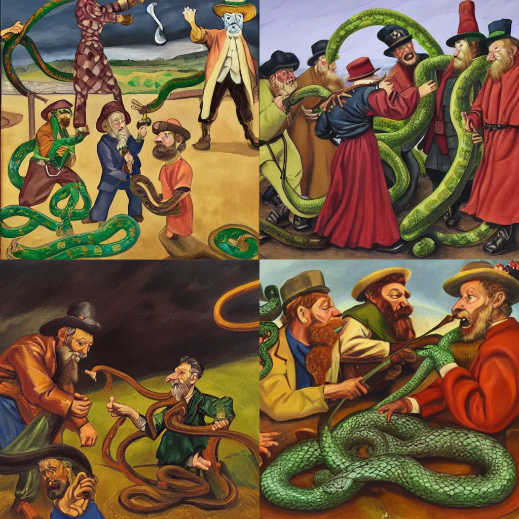 Prompt: oil painting of saint patrick and leprechauns casting snakes out of ireland, by paula rego