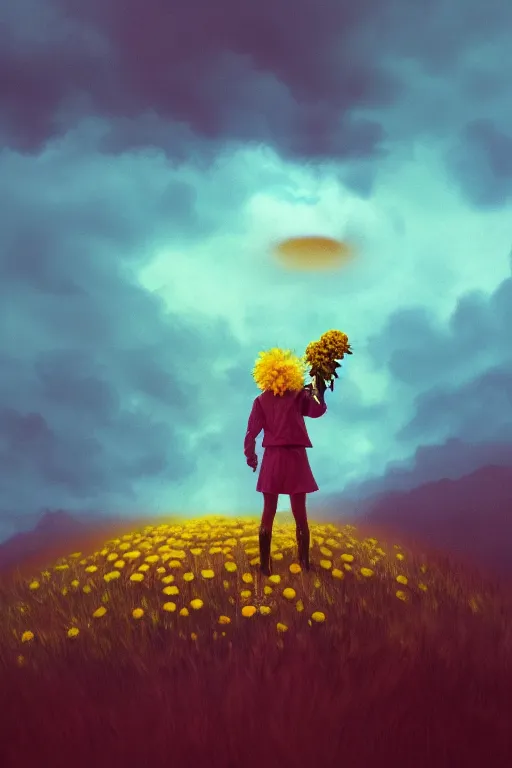 Image similar to closeup girl with giant yellow dahlia flower face, standing on mountain, surreal photography, blue storm clouds, dramatic light, impressionist painting, digital painting, artstation, simon stalenhag