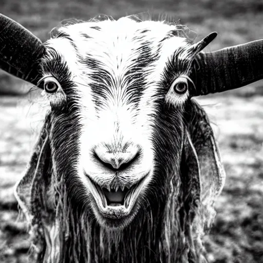 Image similar to horror, highly detailed photography, desaturated, mutated goat with huge mouth open to reveal filthy crocodile - like teeth, matted fur, in muddy medieval village, howling, screeching