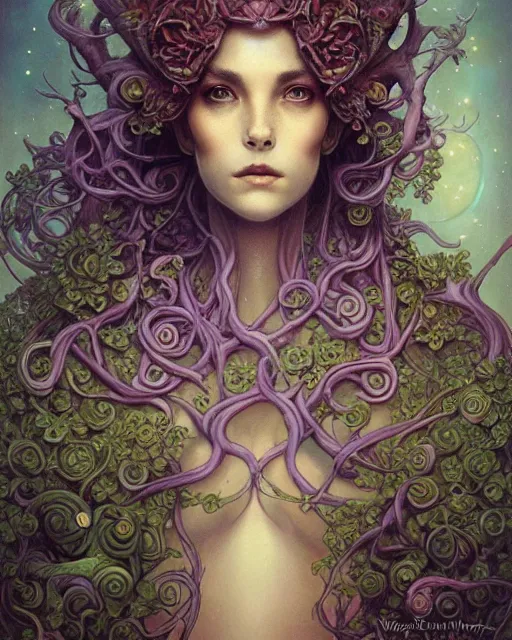 Image similar to centered beautiful detailed front view portrait of a woman with ornate growing around, ornamentation, flowers, elegant, beautifully soft lit, full frame, by wayne barlowe, peter mohrbacher, kelly mckernan,