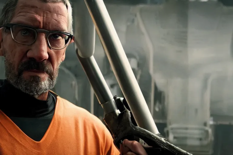 Image similar to vfx movie closeup real life gordon freeman holding wearing futuristic armor, half life logo on chest, crowbar in russian train yard by emmanuel lubezki