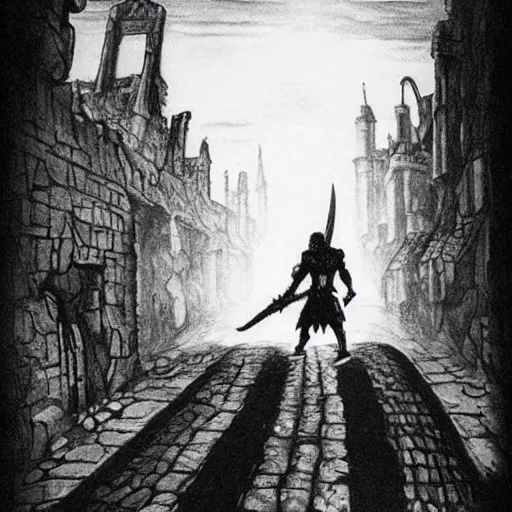 Image similar to warrior walking on the road, old school dungeons and dragons art, old school fpr, black and white image