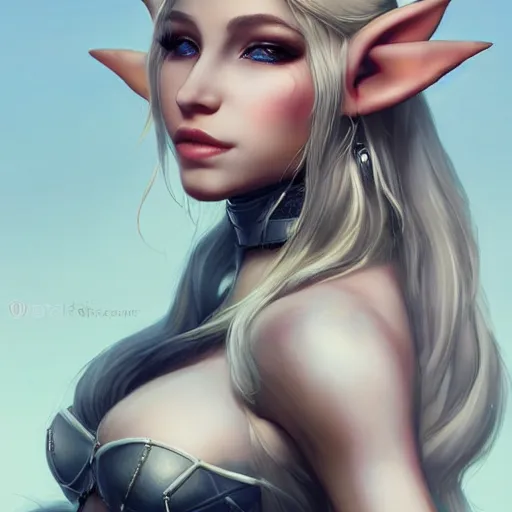 Image similar to beautiful Elf, blonde hair, dark fantasy, feminine figure, gorgeous, pretty face, beautiful body, revealing outfit, high detail, realistic, cgsociety, artgerm, trending on artstation