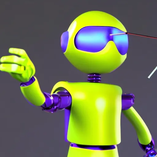 Image similar to a photorealistic 3 d render made in blender of a colourful friendly robot being poked in the eye by a man with a stick. background is a purple gradient