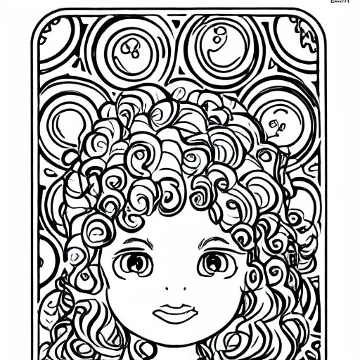 Prompt: clean simple line art of a cute little girl with a mischievous face and short brown wavy curly hair. she is dressed as an astronaut. no background. well composed, clean coloring book page, beautiful detailed face. coloring book line art by steve ditko and jack kirby and johanna basford and alphonse mucha