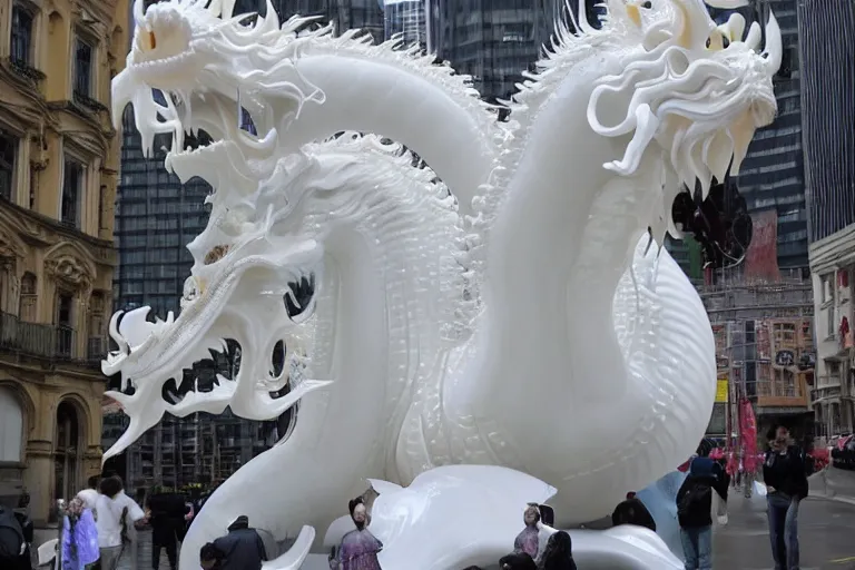 Prompt: 3 d full head and shoulders beautiful white porcelain female head, flowing massive hair, chinese gold dragons, giant sculpture on a platform in a wide city street, by theodor seuss geisel and daniel arsham and xiang duan