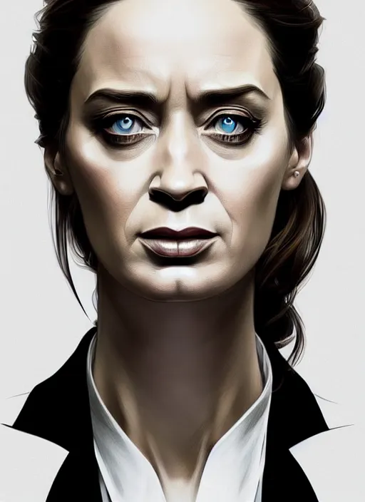 Image similar to portrait of a cat eyed emily blunt as business woman, black suit, white shirt, black tie, intricate, headshot, highly detailed, digital painting, artstation, concept art, sharp focus, cinematic lighting, illustration, art by artgerm and greg rutkowski, alphonse mucha, cgsociety