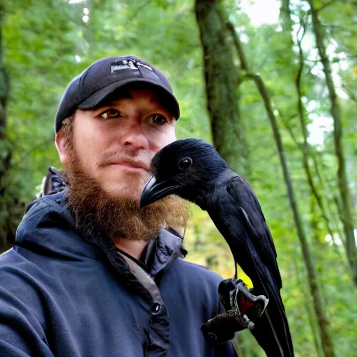 Prompt: male human and crow hybrid, photograph captured in a forest