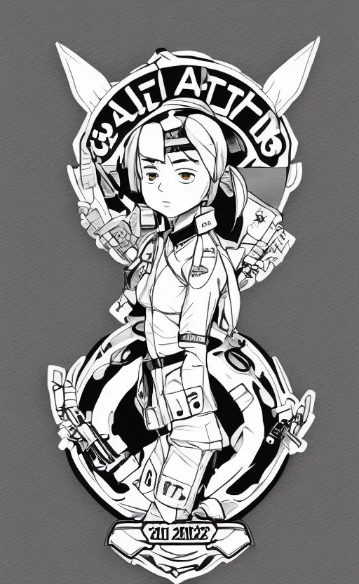 Image similar to patch design, soldier girl, 2022 anime style, clean logo, tattoo graphics, flight squadron insignia, soldier clothing, realistic military gear, inspired by shirt designer, draw with wacom tablet, round elements, vector line art, by ilya kuvshinov, trending on pixiv, symbology, realistic human anatomy, high resolution, matte, empty hands, realistic military carrier