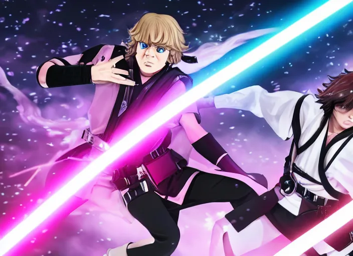 Image similar to luke skywalker beats junko enoshima from danganronpa in an epic lightsaber battle, digital art, 8 k, highly detailed, dynamic lighting, green vs pink lightsabers