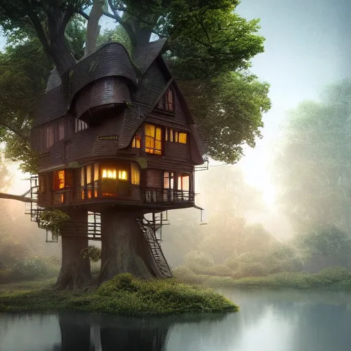 Prompt: tree houses with apartments that look like those in amsterdam, trending on artstation, octane rendering, cinematic lighting, camera obscura, inspired by da vinci, inspired by rembrandt, inspired by ghibli, inspired by alan moore, inspired by blade runner, hyper realistic detail, very very very detailed, super detailed