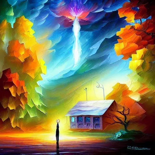 Image similar to village alien lightning art waterfall nature photography weird rich digital art airbush by android jones, leonid afremov, rob gonsalves, rhads, evgeny lushpin