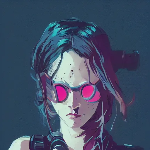 Image similar to Highly detailed portrait of a cyberpunk young lady with, freckles and wavy hair by Atey Ghailan, by Loish, by Bryan Lee O'Malley, by Cliff Chiang, by Greg Rutkowski, inspired by image comics, inspired by graphic novel cover art, inspired by nier!! Gradient color scheme ((grafitti tag brick wall background)), trending on artstation