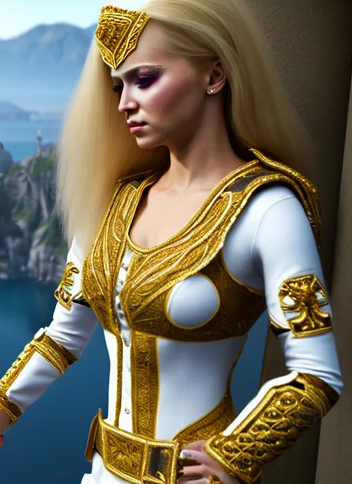 Image similar to a photo of 8 k ultra realistic humanoid princess with long blonde hair, standing next to a beautiful view, ornate white officers outfit with gold embellishments, cinematic lighting, trending on artstation, 4 k, hyperrealistic, focused, extreme details, unreal engine 5, cinematic, masterpiece