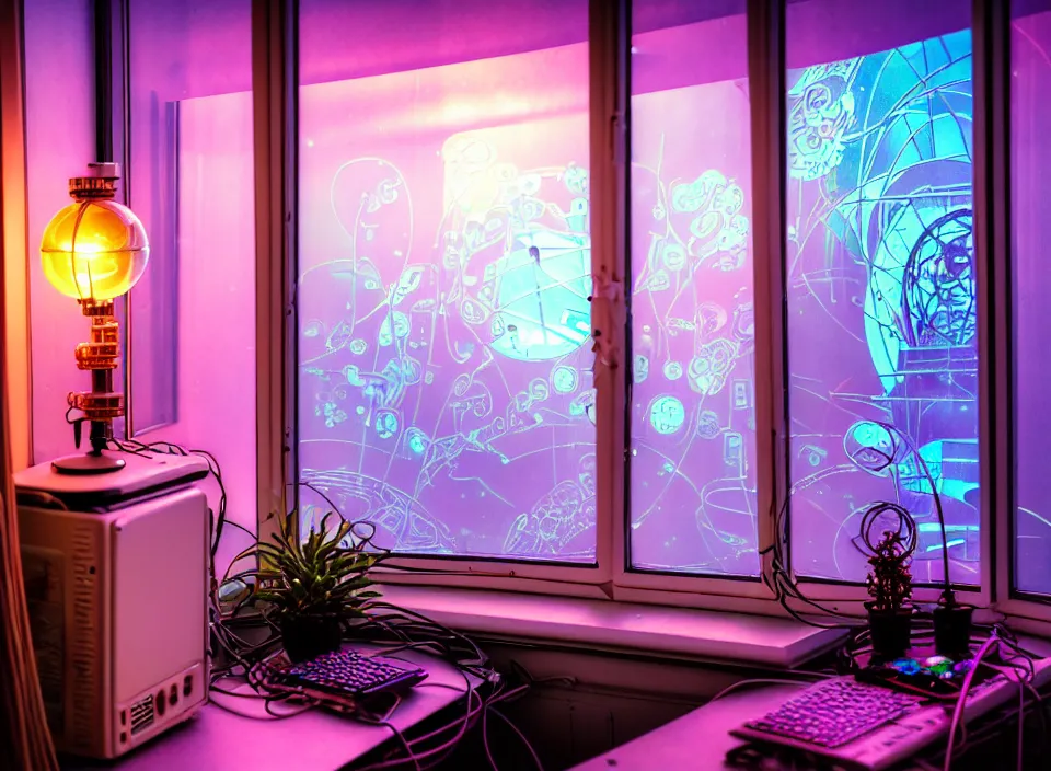 Image similar to telephoto 7 0 mm f / 2. 8 iso 2 0 0 photograph depicting the experience of dreamstate in a cosy cluttered french sci - fi ( art nouveau ) cyberpunk apartment in a pastel dreamstate art cinema style. ( iridescent terrarium, computer screens, window, leds, lamp, ( ( ( bed ) ) ) ), ambient light.