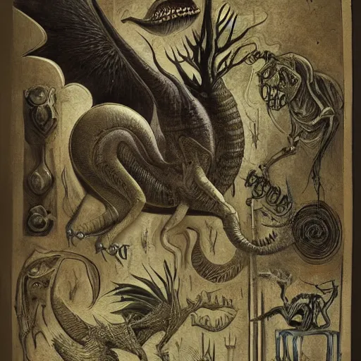 Image similar to bestiary of creatures from the depths of the unconscious psyche