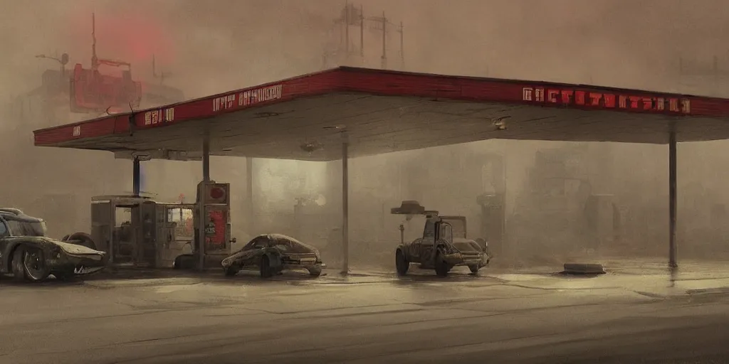 Image similar to a highly detailed epic cinematic concept art CG render digital painting artwork: Soviet gas station, fog. By Greg Rutkowski, in the style of Francis Bacon and Syd Mead and Norman Rockwell and Beksinski, open ceiling, highly detailed, painted by Francis Bacon and Edward Hopper, painted by James Gilleard, surrealism, airbrush, Ilya Kuvshinov, WLOP, Stanley Artgerm, very coherent, triadic color scheme, art by Takato Yamamoto and James Jean