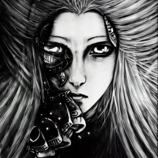 Prompt: Yoshitaka Amano blurred and dreamy illustration of an anime girl with a pirate eye patch, wavy white hair and cracks on her face wearing Elden ring armour with the cape fluttering in the wind, closeup shot, abstract black and white patterns on the background, noisy film grain effect, highly detailed, Renaissance oil painting, weird portrait angle