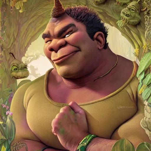 Prompt: shrek in joe rogan podcast, brown skin, highly detailed, digital painting, artstation, concept art, smooth, sharp focus, illustration, art by artgerm and greg rutkowski and alphonse mucha