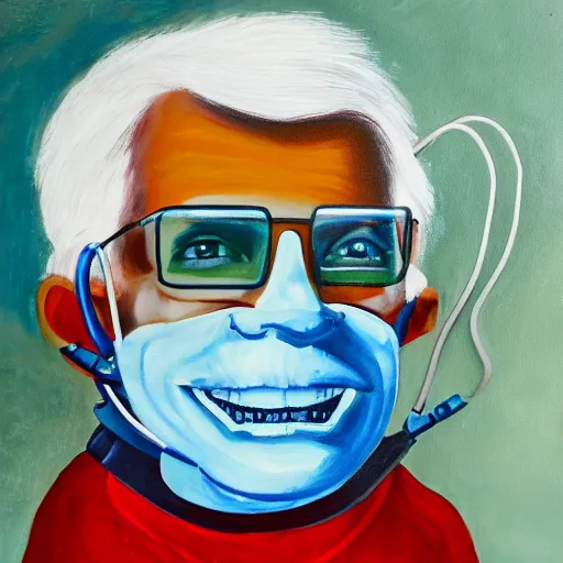 Image similar to a painting of a smiling old man wearing medical appliances