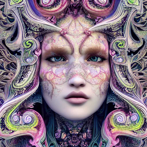 Image similar to wonderful princess of fractals and patterns, beautiful face, hyper detailed, background intricate and detailed, ornate 8 k gorgeous intricate detailed, octane render, psychedelic