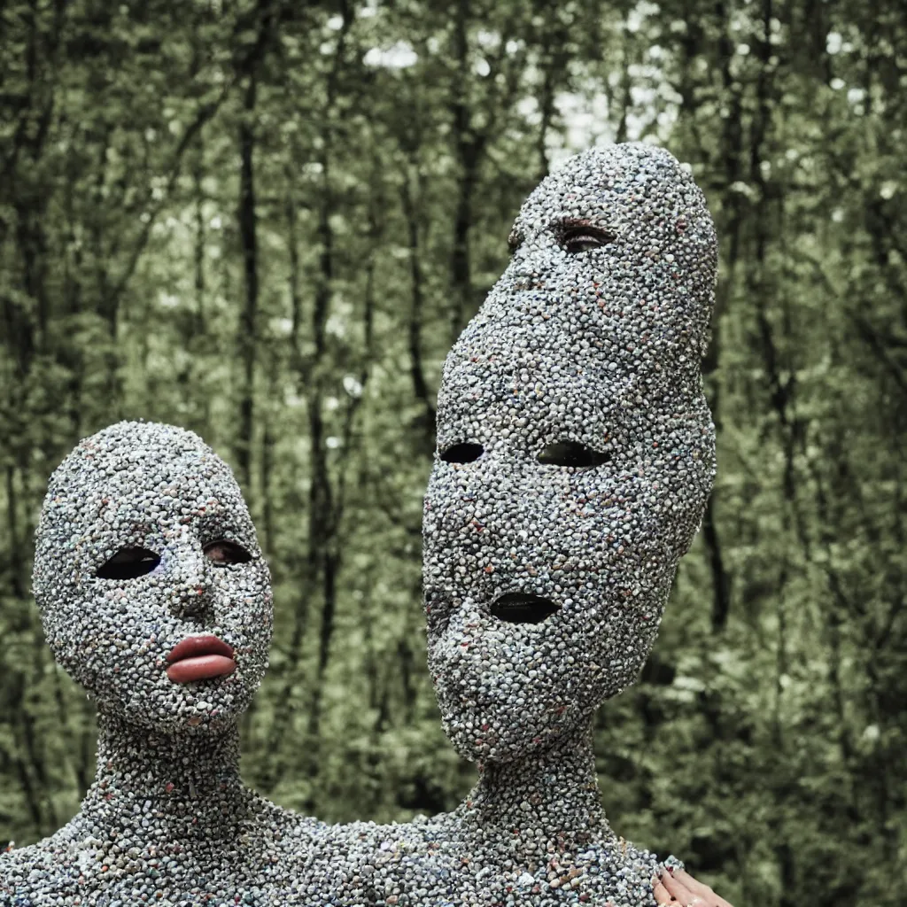 Prompt: a woman with a mask made of stones in a forest, vogue magazine